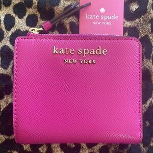 Brand New Kate Spade Genuine Saffiano Leather Deep Magenta L-Zip Bifold Wallet